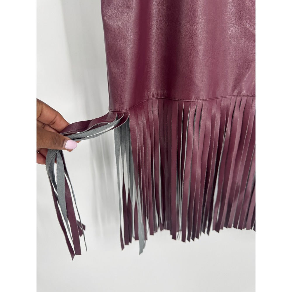 INC Faux Leather Fringe Midi Skirt Womens 14 Burgundy Western Boho Statement - Picture 5 of 9